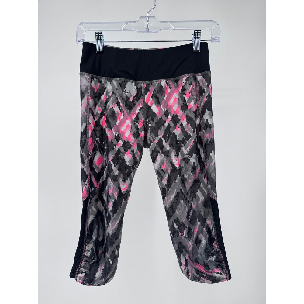 Saucony Scoot Series Run Dry Capri Leggings Womens M Pink Grey Abstract Mesh